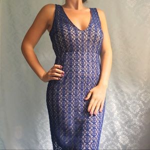 NWT Blue Lace Tan Nude Vneck Sleeveless Dress